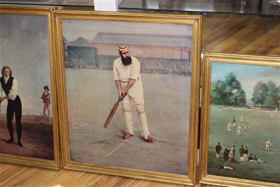 Six oileographs, all reproductions of famous early depictions of cricket, largest 51 x 74cm